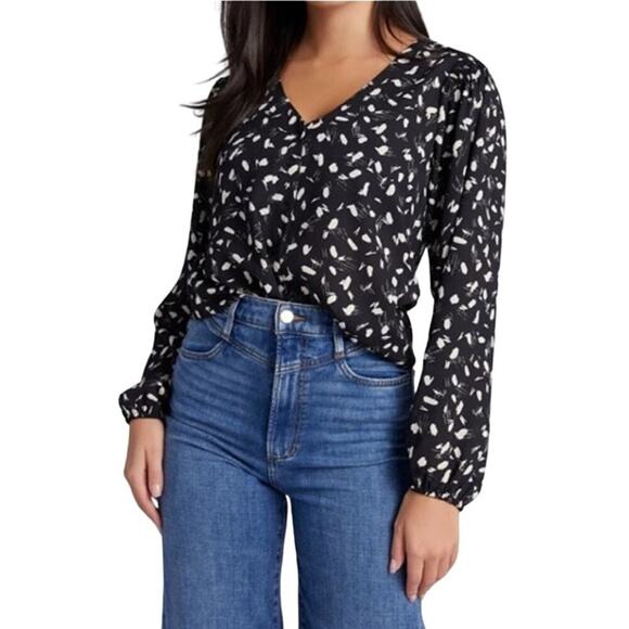 LUSH Geometric V-Neck Button Down Loose Fit Blouse Long Sleeve Top Black Medium - Picture 1 of 13